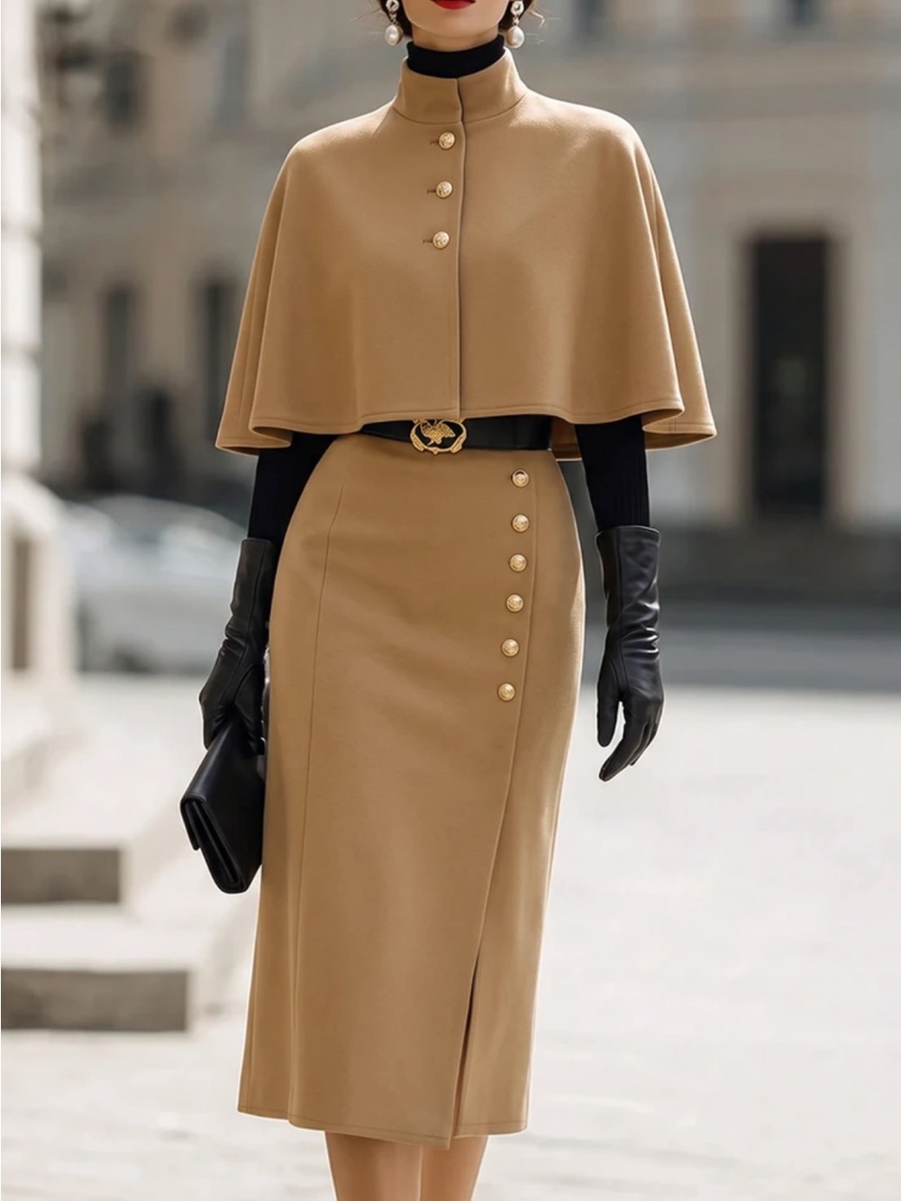 Women's Fall Camel Cape Top With Button Midi Skirt Set, Sleeveless